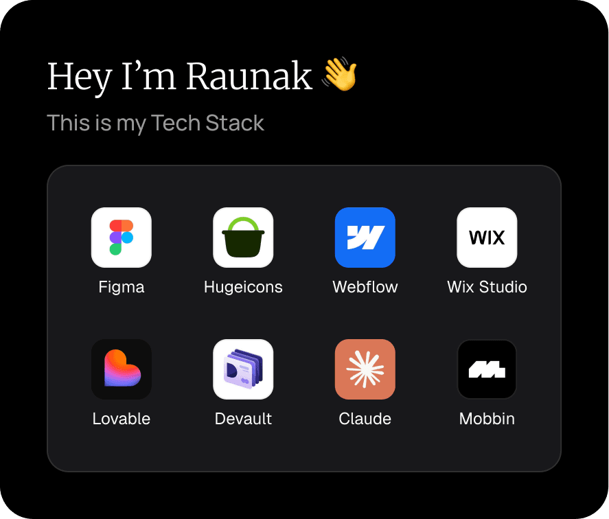 Example shared stack card: Hey I'm Raunak, this is my tech stack