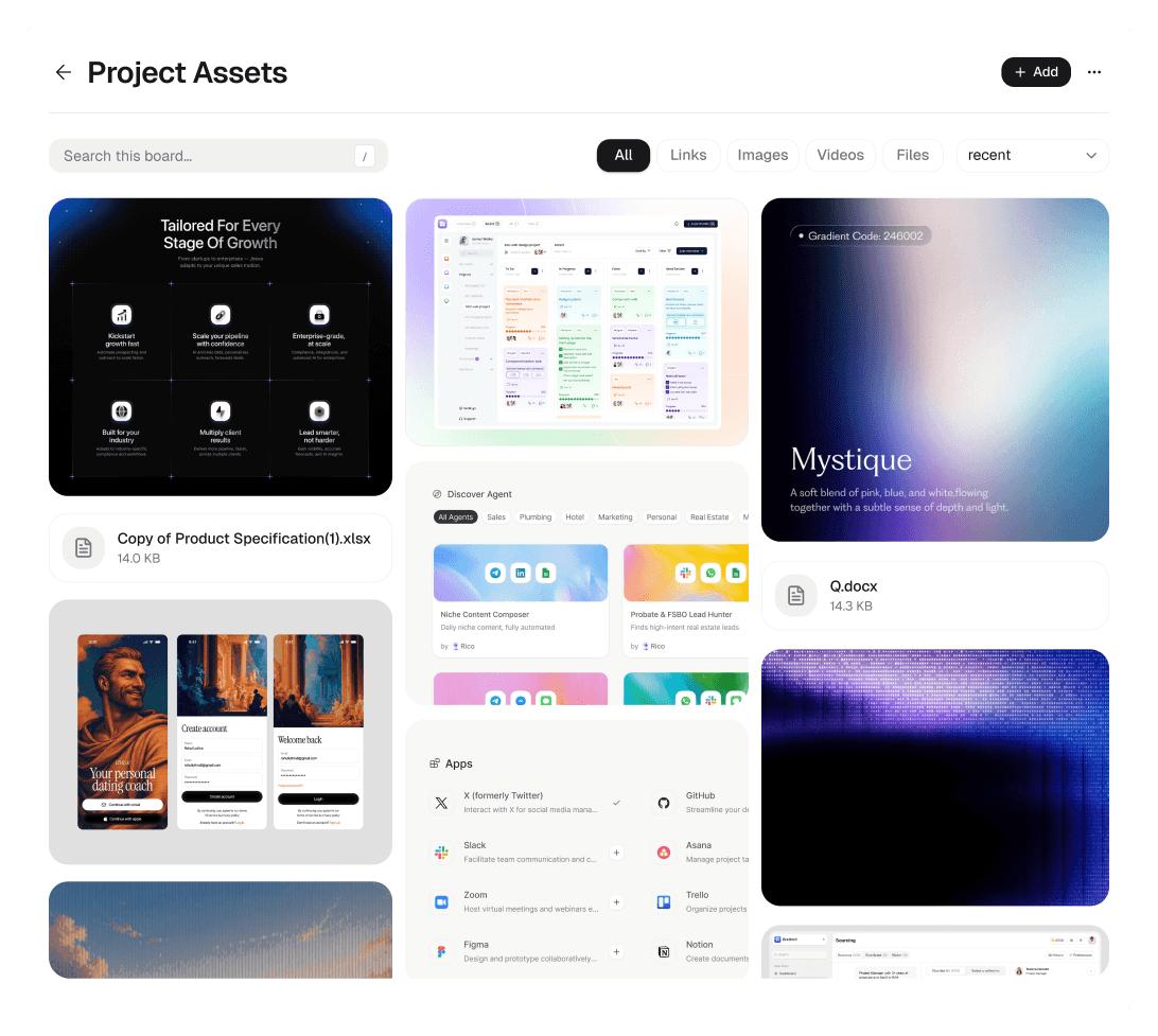 A QuickPick board called Project Assets, holding saved images, links and files.