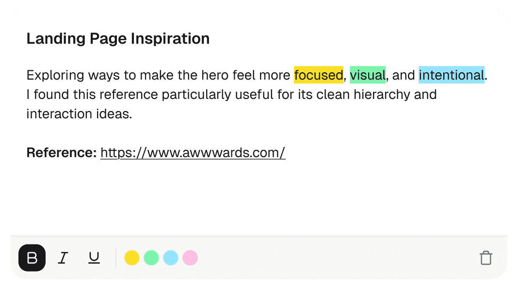 A QuickPick note titled Landing Page Inspiration, with highlighted text and a reference link.